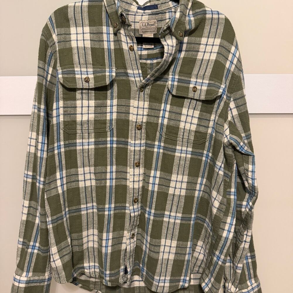 L.L.Bean Womens Large Regular Plaid Flannel Shirt Olive Green Blue Button Front